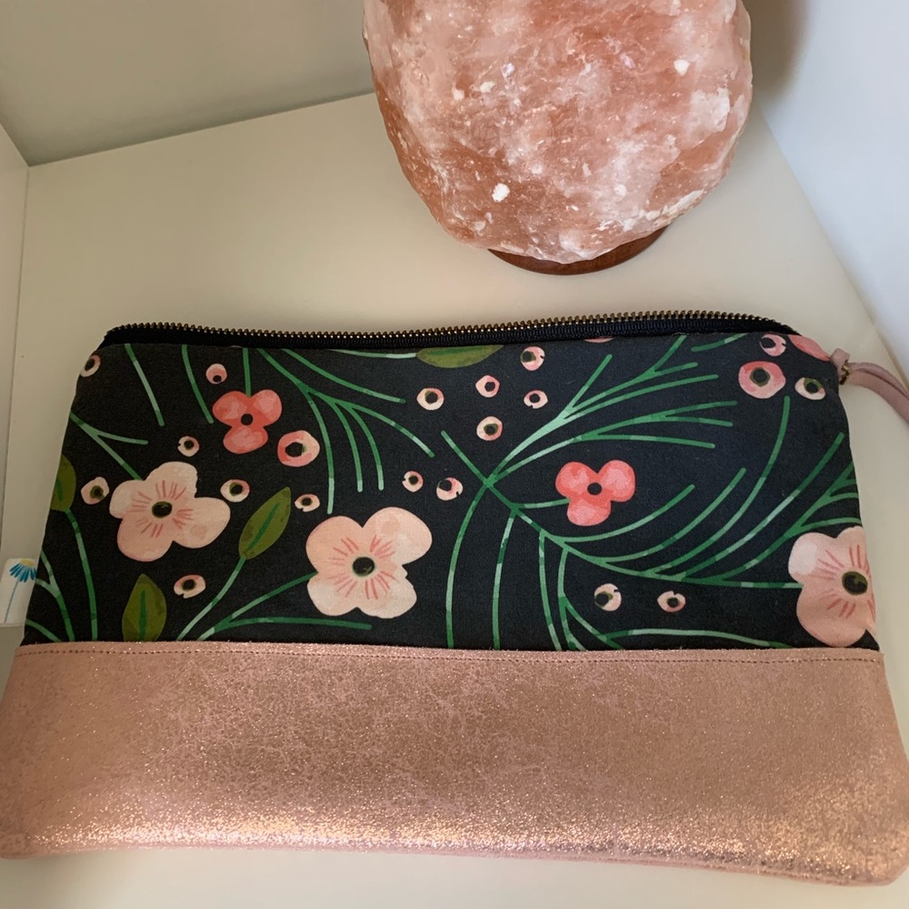 Floral clutch with rose gold vegan suede leather